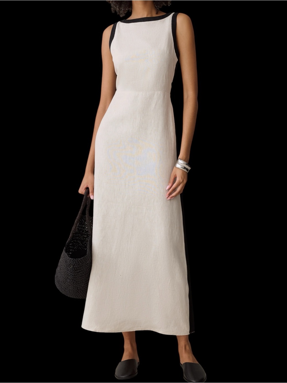 Few Moda o.p.t. Claudette Linen Dress Sleeveless Ivory Maxi Black Trim MWT